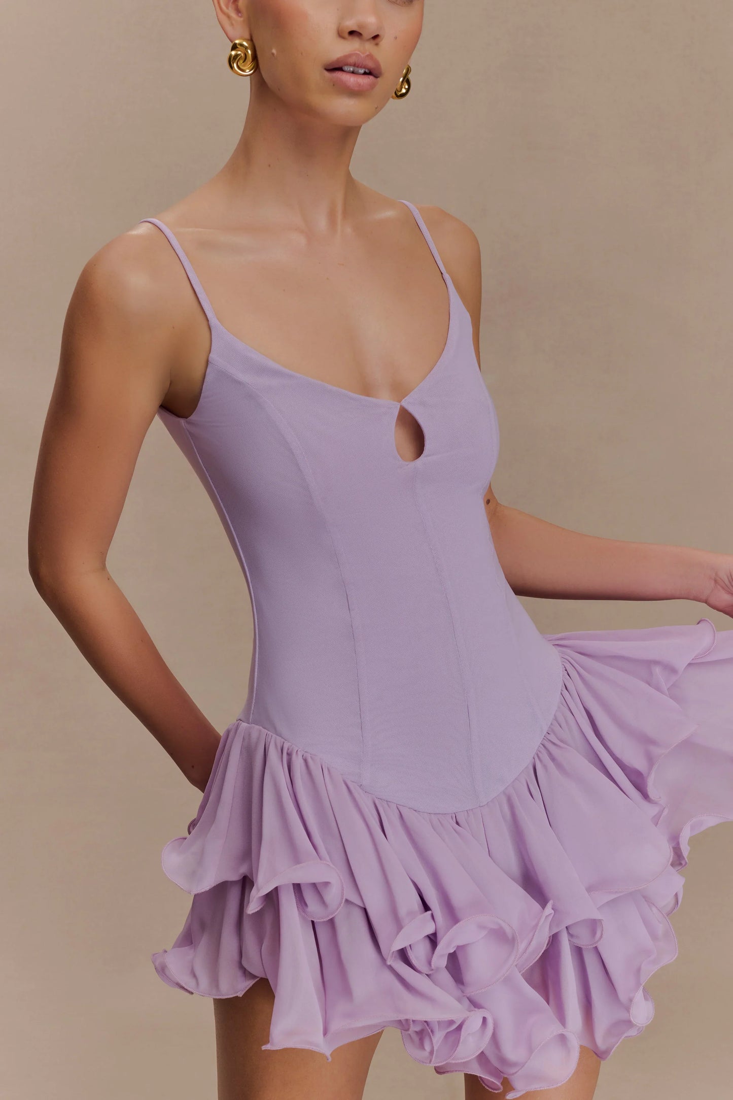 Calantha Ruffle Mesh Mini Dress Lilac