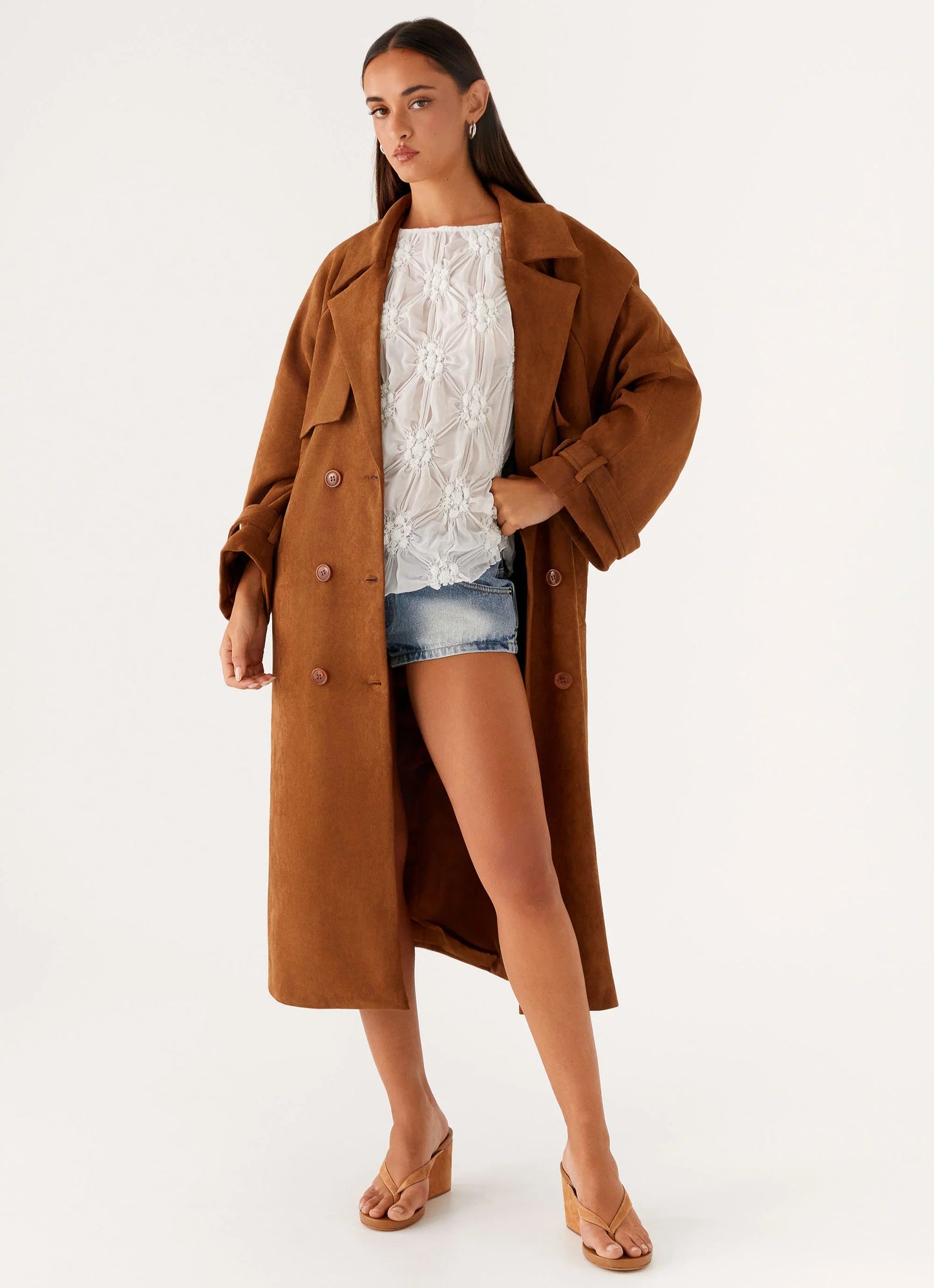 Bridie Faux Suede Trench Coat Brown