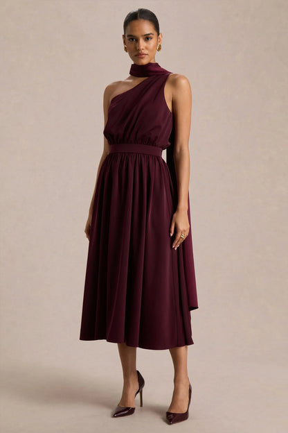 Caluna Burgundy Satin Asymmetric Neck Midi Dress With Scarf Detail