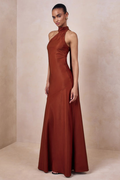 Cara Rust Matte Satin High Neck Maxi Dress