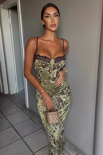 Lace Color Block Printed Slit Bodycon Maxi Dress