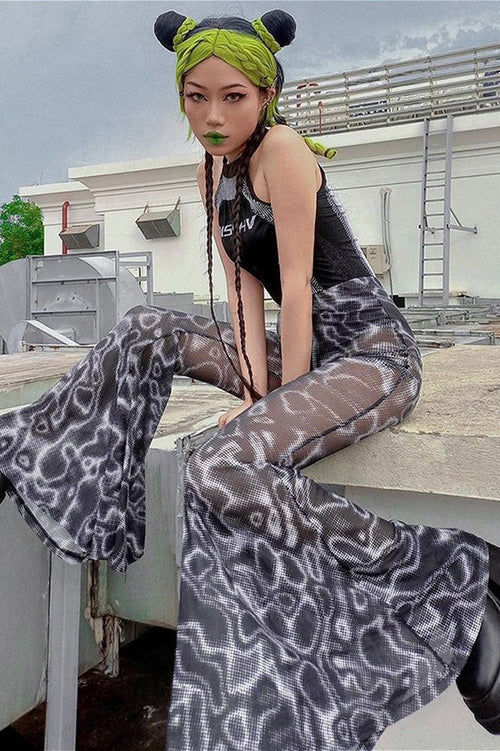 Floral High Waist Mesh Flare Pants