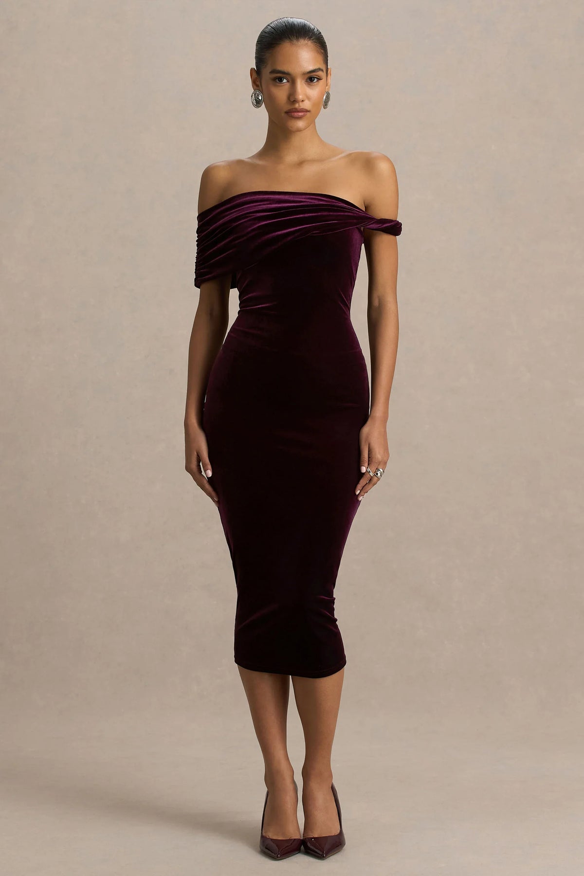 Billie Burgundy Velvet Bardot Neck Midi Dress With Twist Sleeve