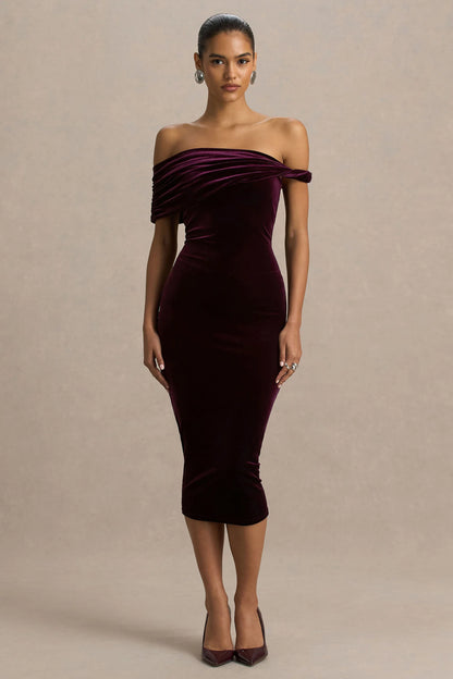 Billie Burgundy Velvet Bardot Neck Midi Dress With Twist Sleeve