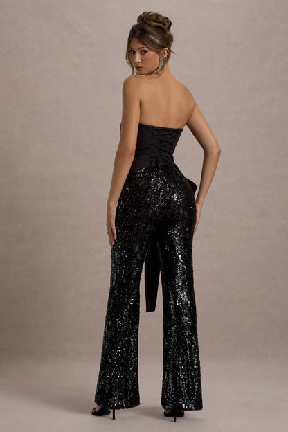 Bianco Black Sequin Strapless Flared Leg Jumpsuit With Drape