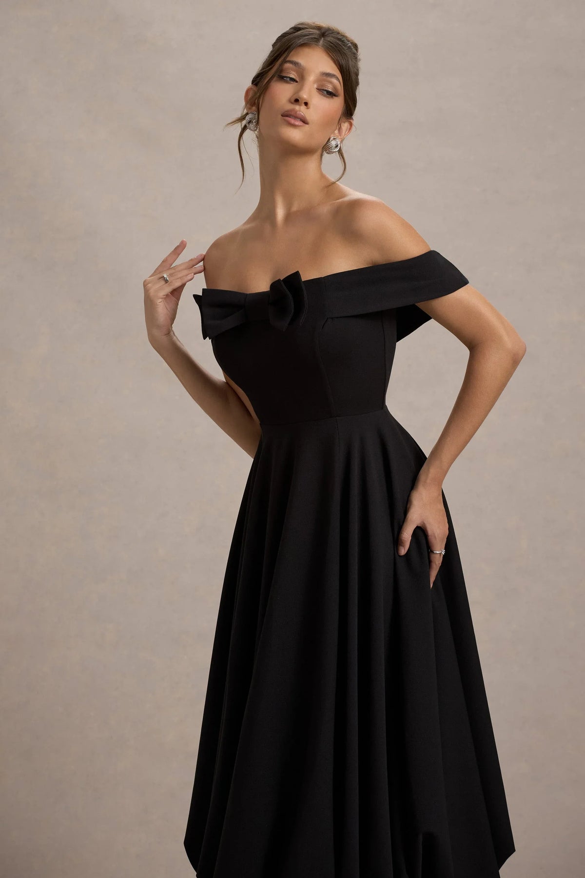 Calliopia Black Bow Bardot Midi Dress With Puff Ball Skirt