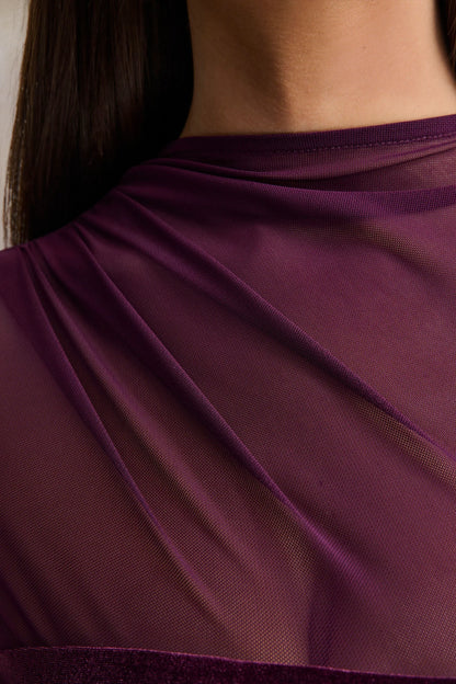 Cambria Plum Velvet High Neck Maxi Dress With Draped Detailing