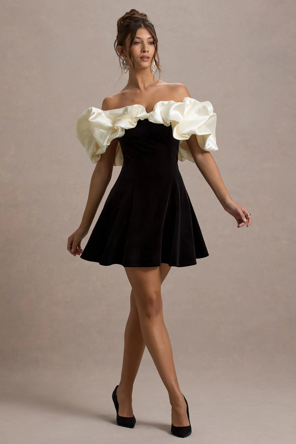 Brynne Black Cream Velvet Mini Dress With Satin Puff Sleeves
