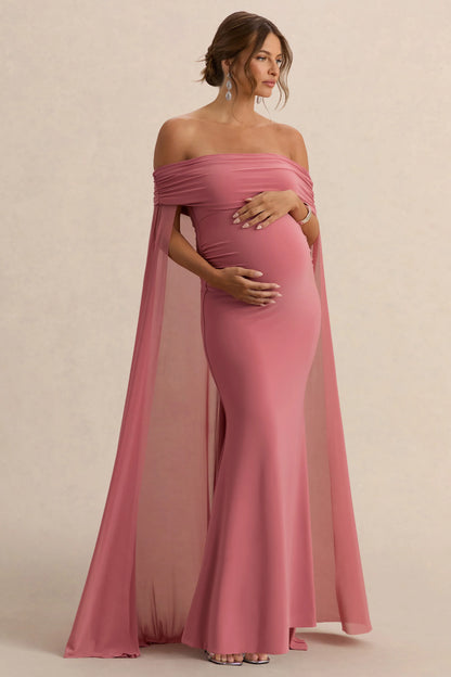 Carlotta Blush Pink Bardot Maternity Maxi Dress With Chiffon Cape