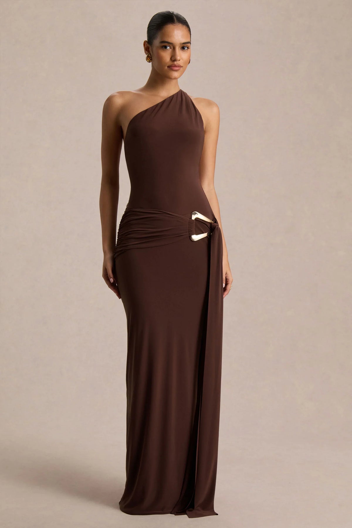 Bonnie Brown Asymmetric Neck Maxi Dress With Open Back