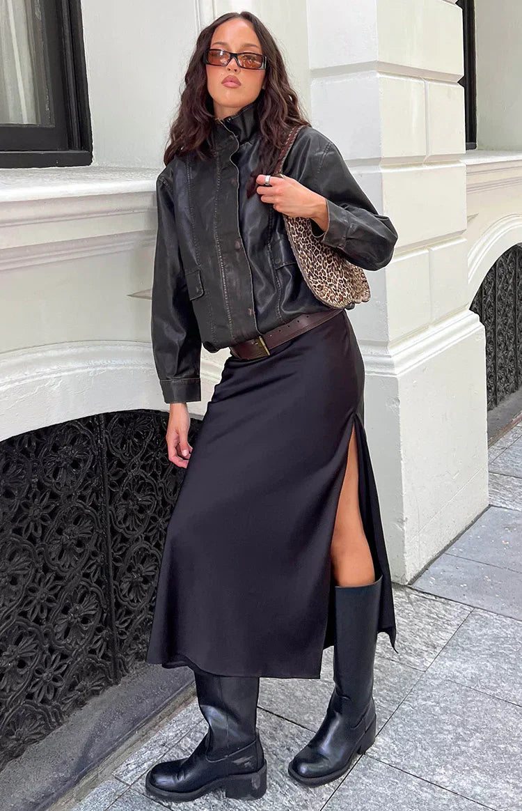 Blakely Brown Funnel Neck PU Jacket