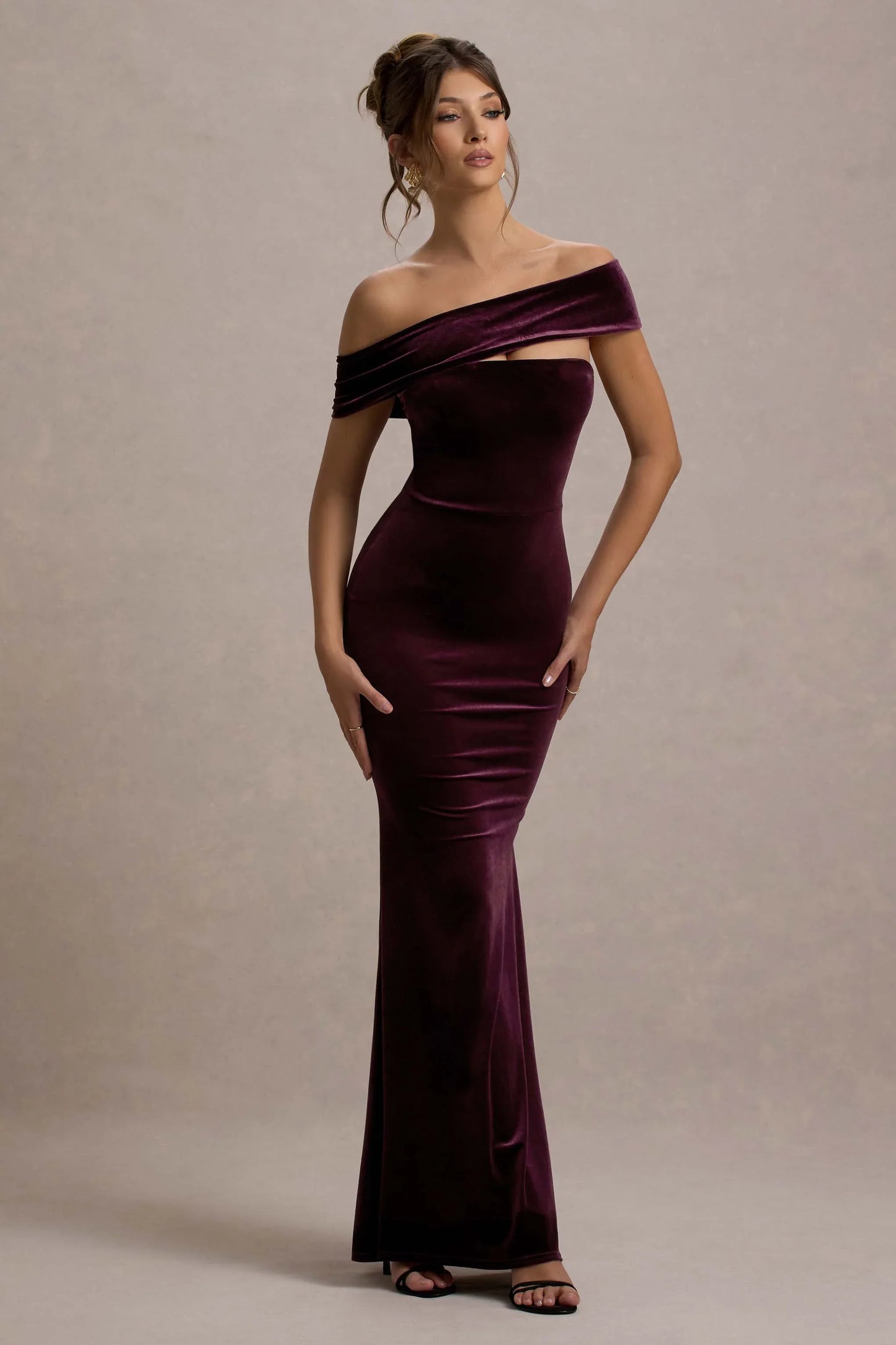 Candela Port Velvet Asymmetric Bardot Maxi Dress