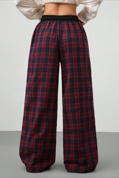 Plaid Elastic Waist Stretch Loose Casual Pants