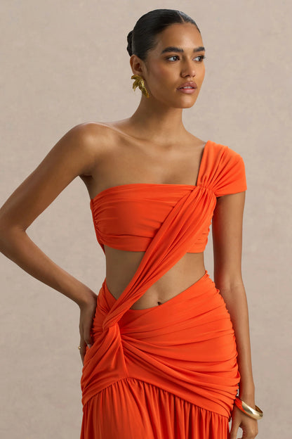 Cadiz Orange Asymmetric Maxi Dress With Cut Out Detail and Open Back