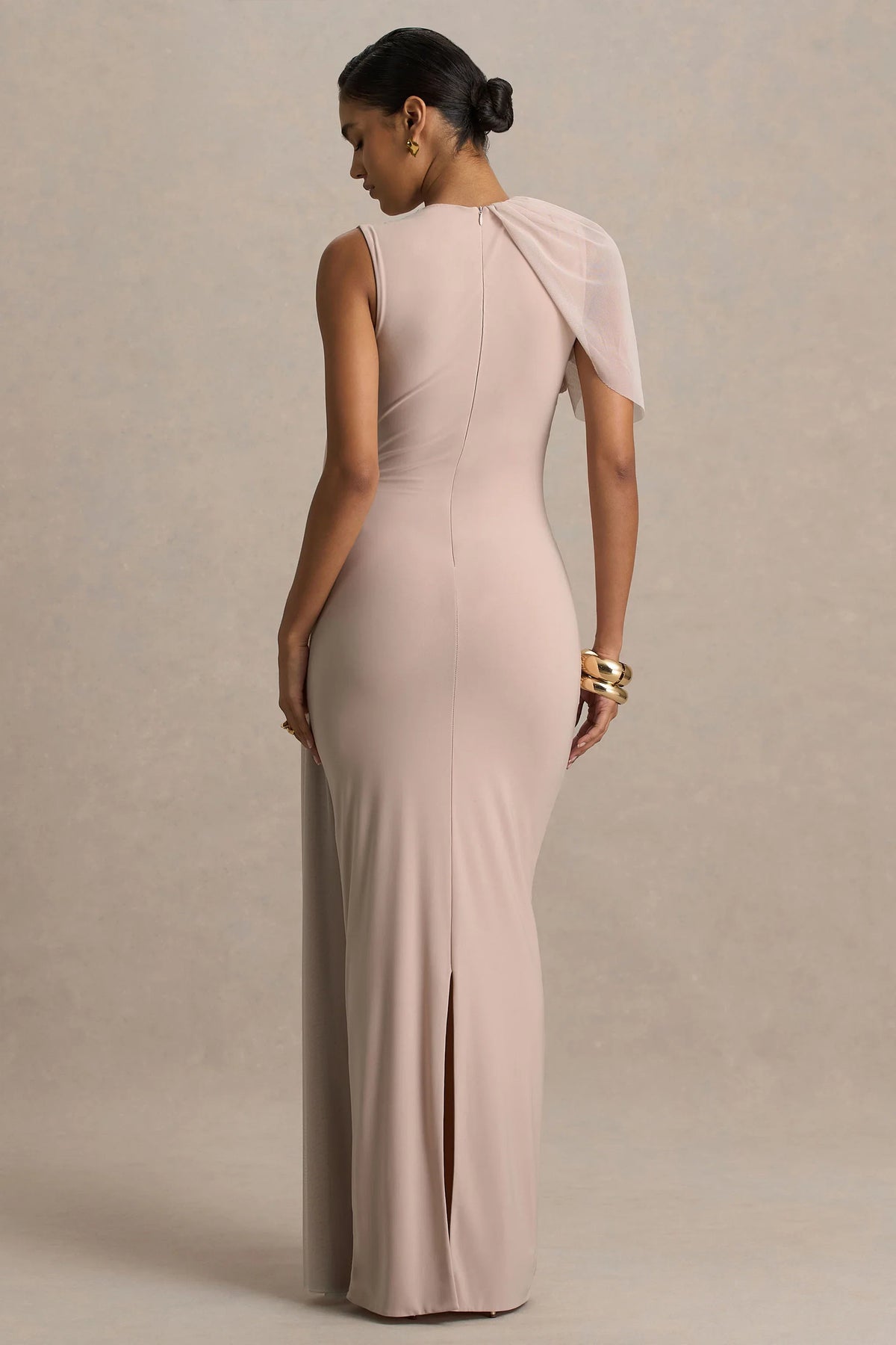 Brenda Champagne Crew Neck Maxi Dress With Mesh Cape And Sash
