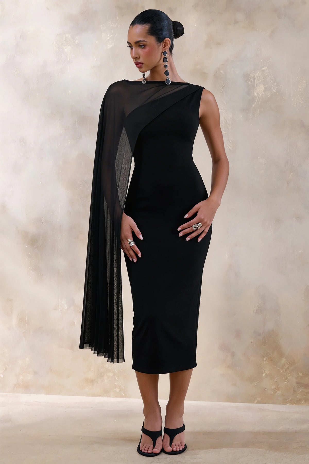 Caloria Black Asymmetric Neck Midi Dress With Mesh Cape