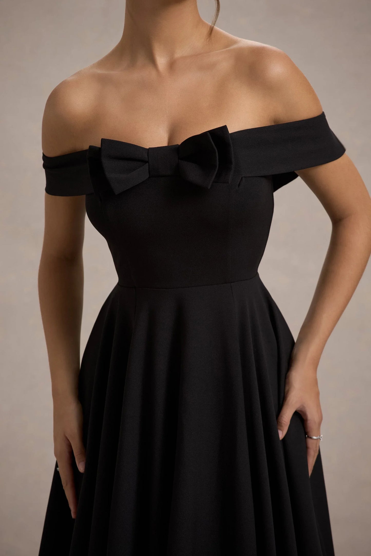 Calliopia Black Bow Bardot Midi Dress With Puff Ball Skirt