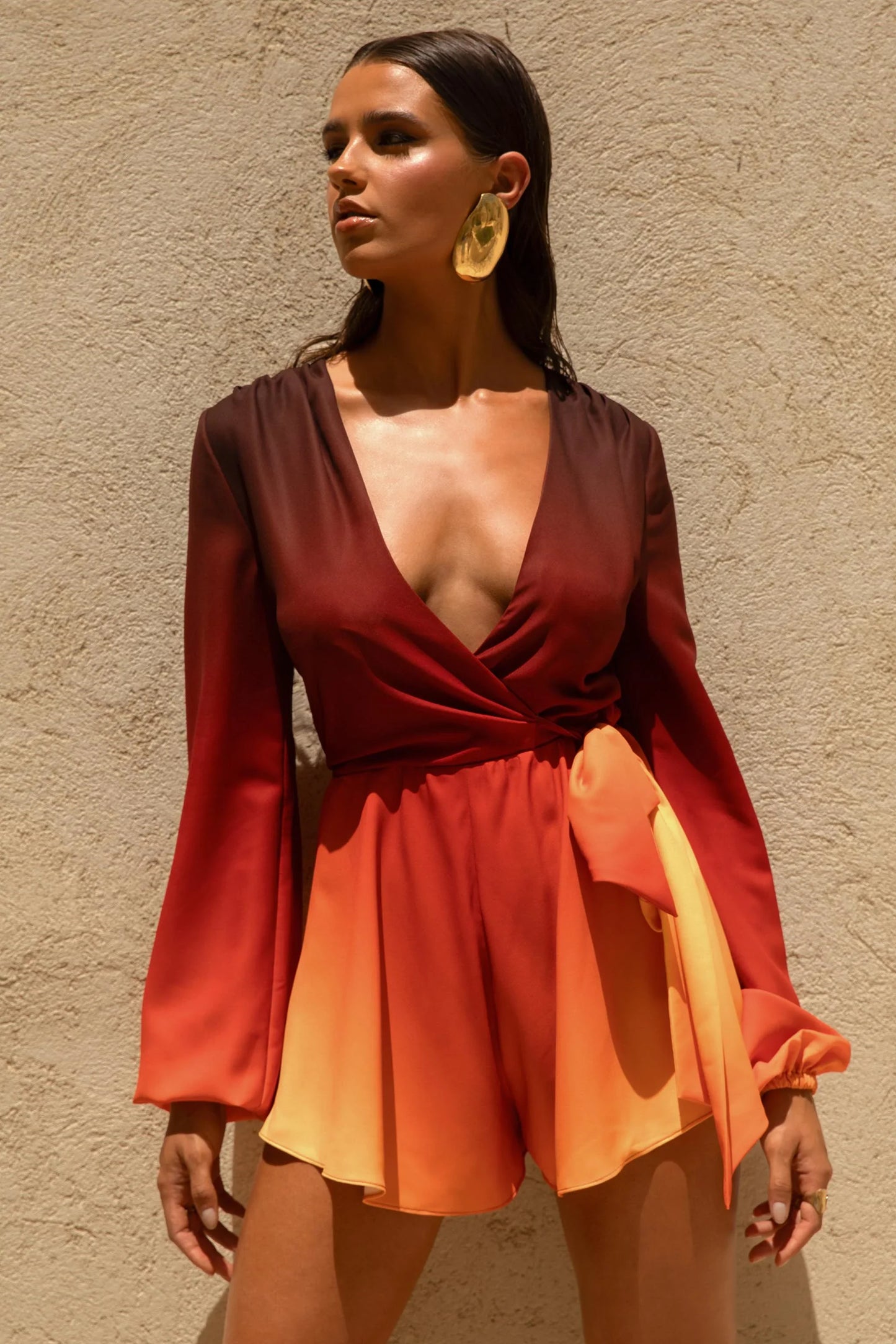 Boss Ombre Playsuit with Plunge Neckline and Bow Detail