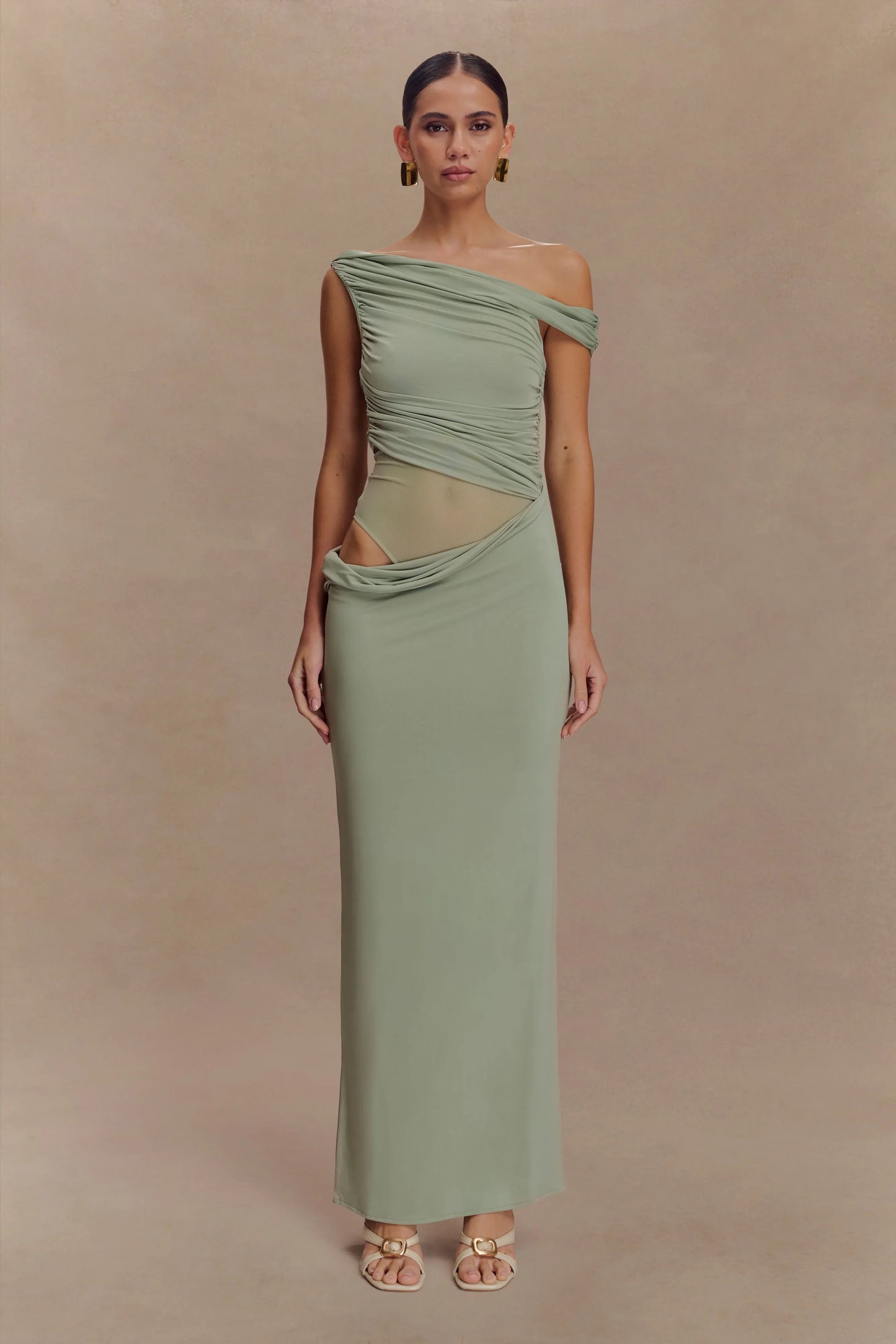 Callen One Shoulder Slinky Maxi Dress Sage