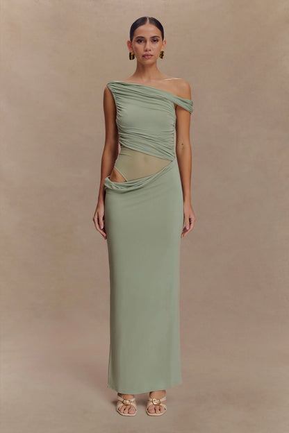 Callen One Shoulder Slinky Maxi Dress Sage