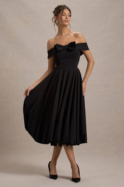 Calliopia Black Bow Bardot Midi Dress With Puff Ball Skirt