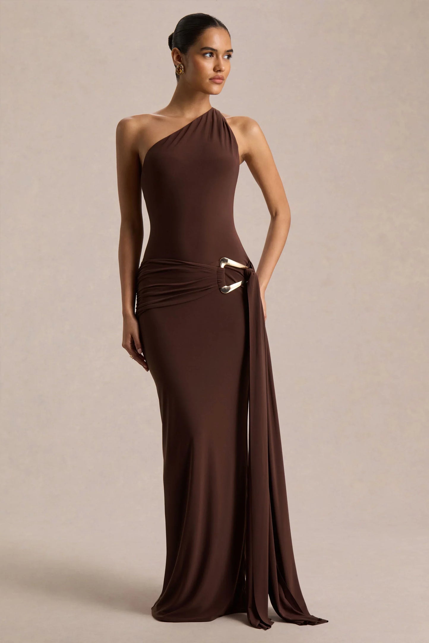 Bonnie Brown Asymmetric Neck Maxi Dress With Open Back