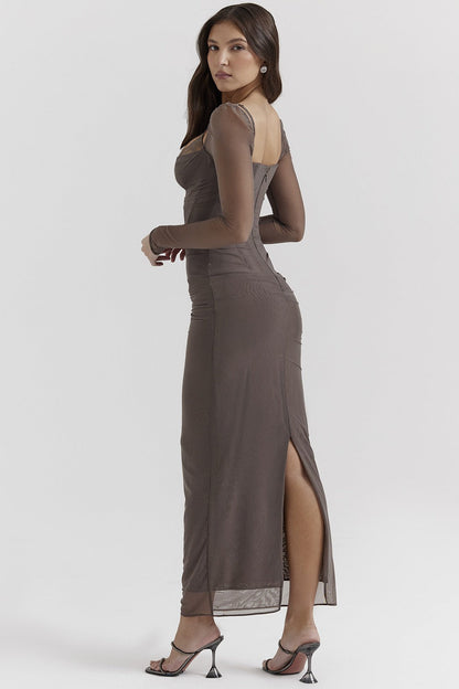 Mesh Lace Patchwork Boned Fitted High Slit Elegant Maxi Dress