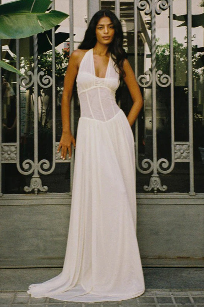 Solid Halter V Neck Boning Waist Mesh Maxi Dress