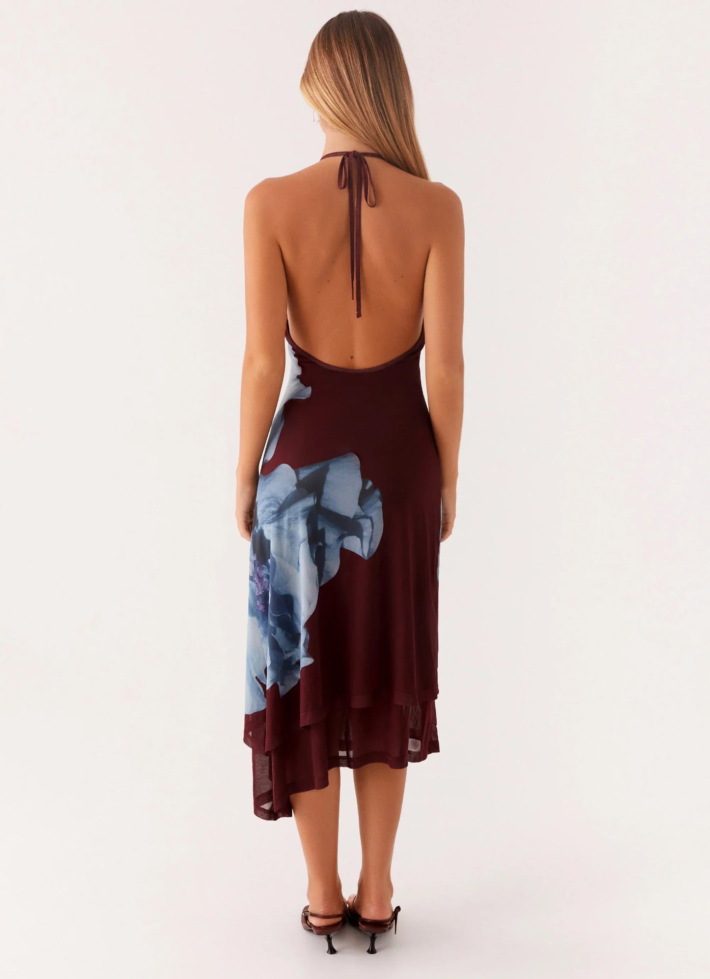 Brinley Halterneck Midi Dress Maroon Print