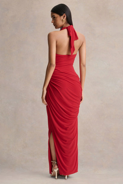 Cairo Red Cowl Neck Maxi Dress With Gathered Detailing