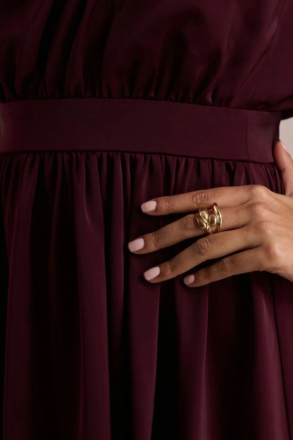 Caluna Burgundy Satin Asymmetric Neck Midi Dress With Scarf Detail