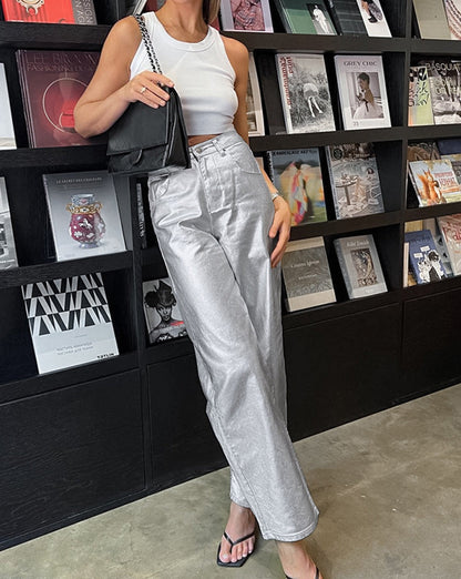 Metallic Leather Straight Leg Pants