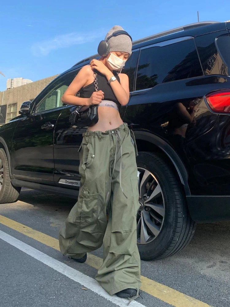 Army Green Low Rise Parachute Women Cyber Y2K Vintage Joggers Pant