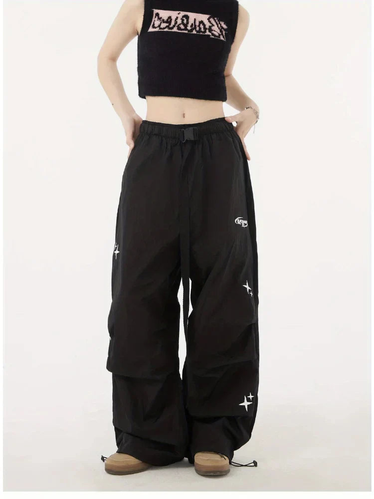 Gothic Hippie Black Cargo Parachute Y2k Cyber Punk Oversize Jogging Pant