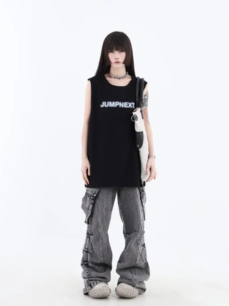 Grunge Cargo Women Wide Baggy Vintage Oversize Denim Distressed Pant