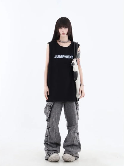 Grunge Cargo Women Wide Baggy Vintage Oversize Denim Distressed Pant