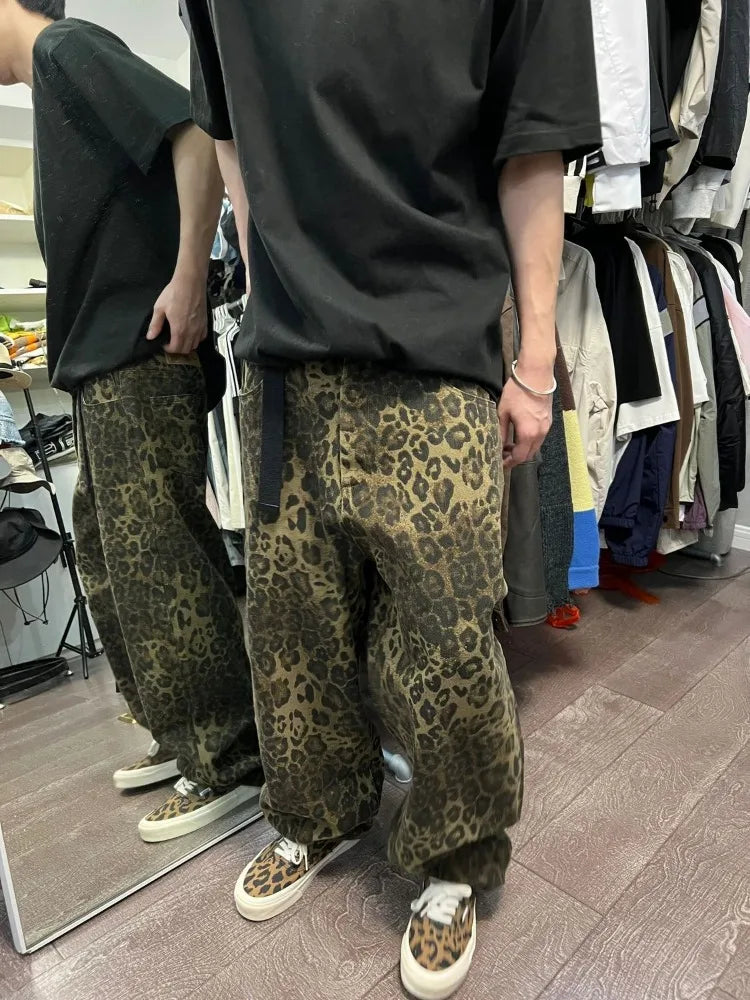 Retro Leopard Baggy Women Vintage Grunge Wide Leg Denim Pant
