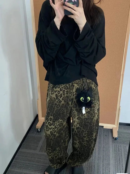 Retro Leopard Baggy Women Vintage Grunge Wide Leg Denim Pant