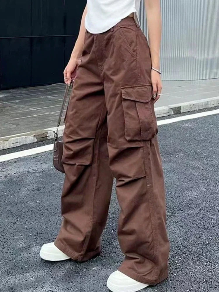 Y2K Retro White Cargo Aesthetic Oversized Brown Parachute Wide Pockets Pant