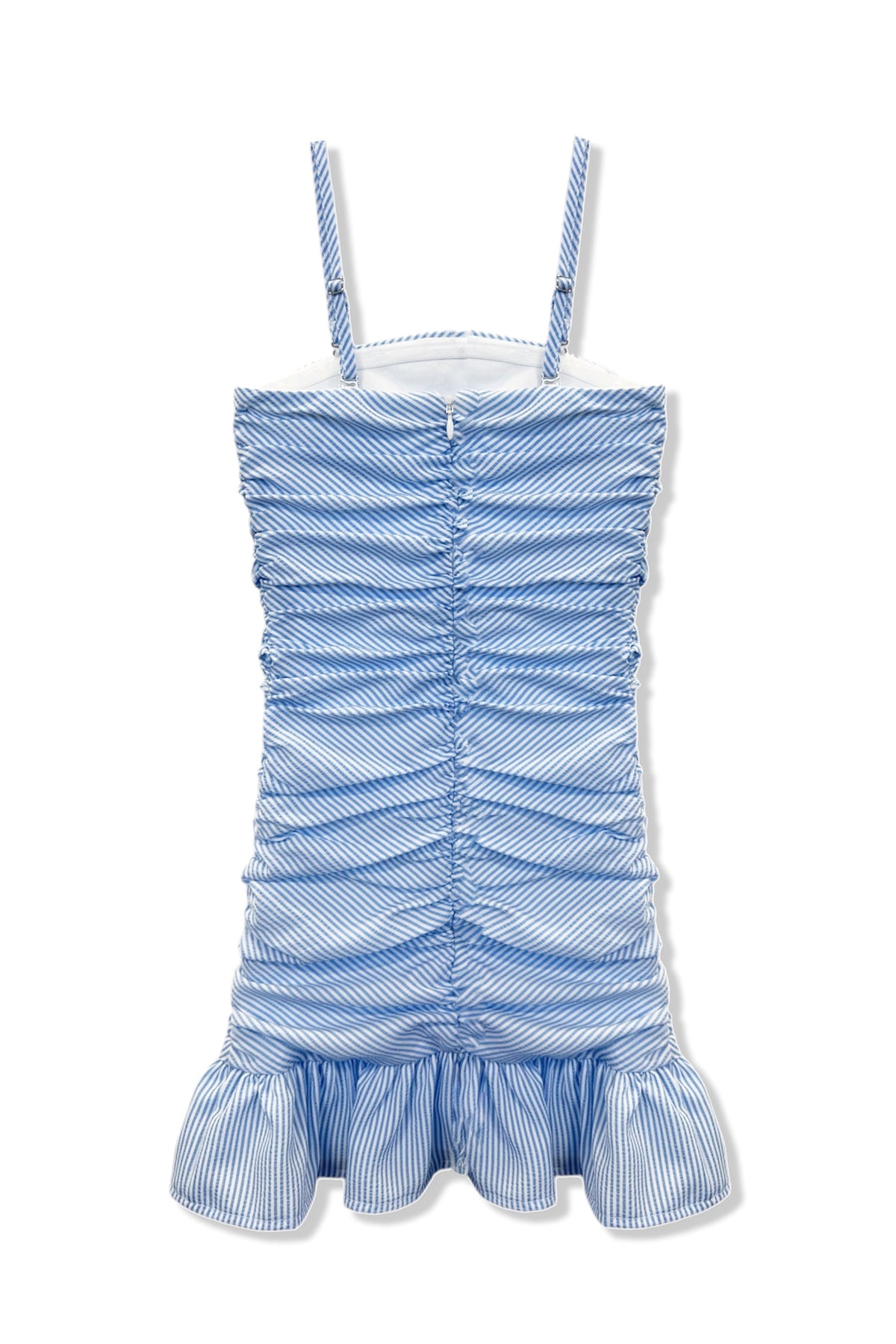 TWEEN INDIGO STRIPED STRAPLESS RUCHED RUFFLE DRESS