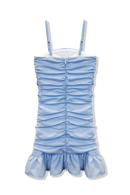 TWEEN INDIGO STRIPED STRAPLESS RUCHED RUFFLE DRESS