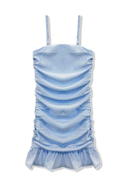 TWEEN INDIGO STRIPED STRAPLESS RUCHED RUFFLE DRESS