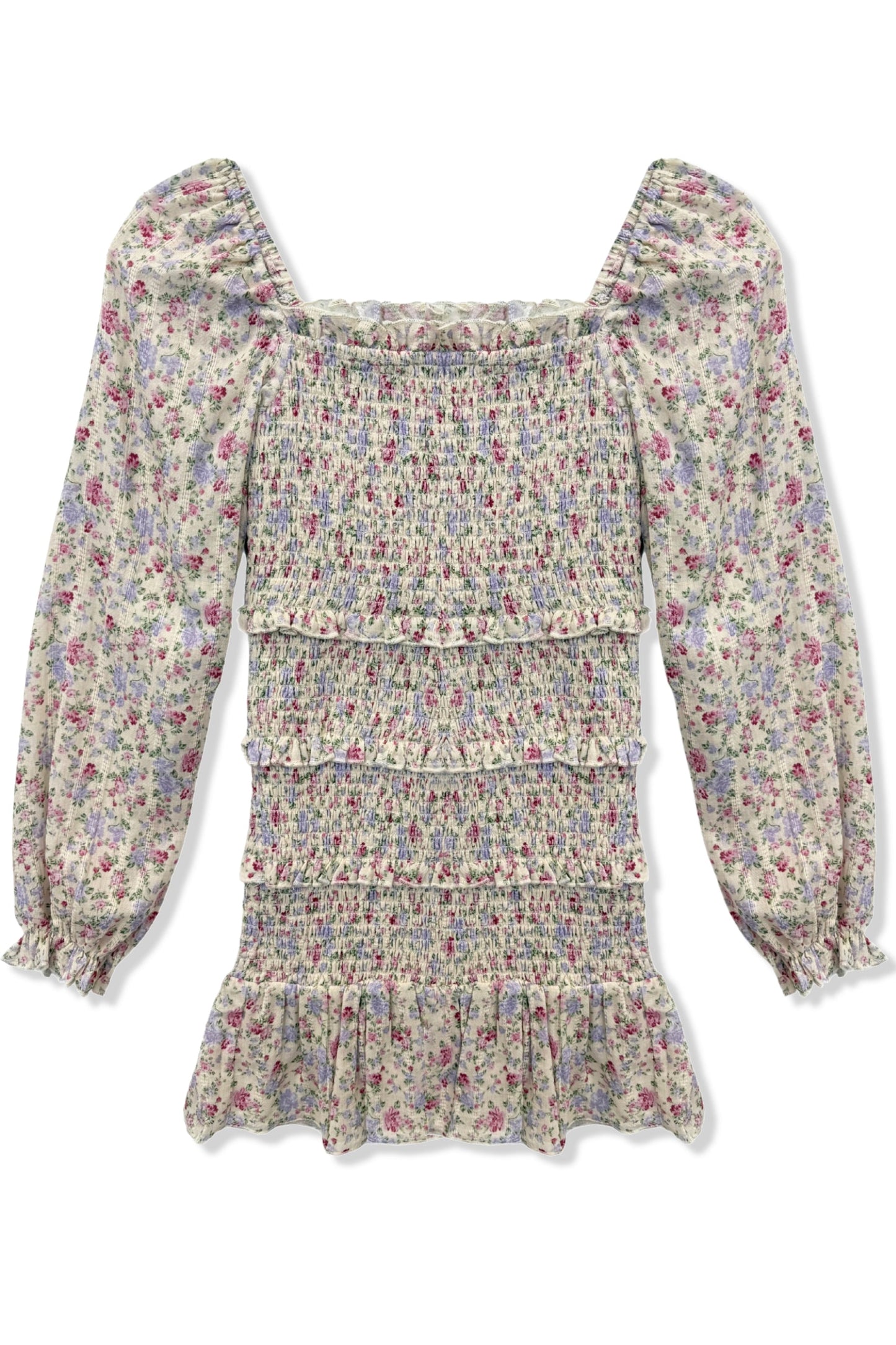 TWEEN LAILA PRINTED LS TIERED SMOCKED DRESS
