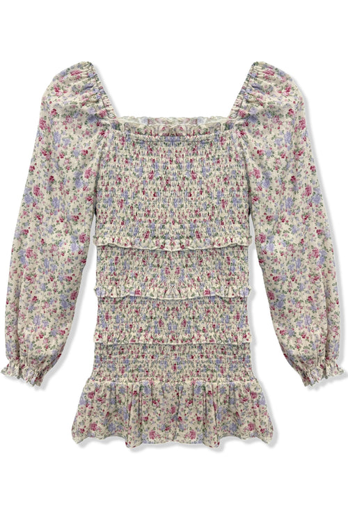 TWEEN LAILA PRINTED LS TIERED SMOCKED DRESS
