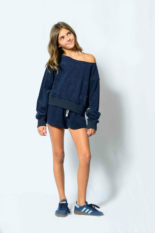 TWEEN TUCKER SOLID TERRY OFF THE SHOULDER CROP