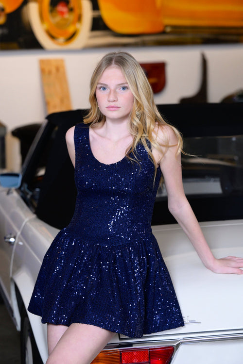 JUNIOR ZENA PEAKED WAIST SEQUIN DRESS