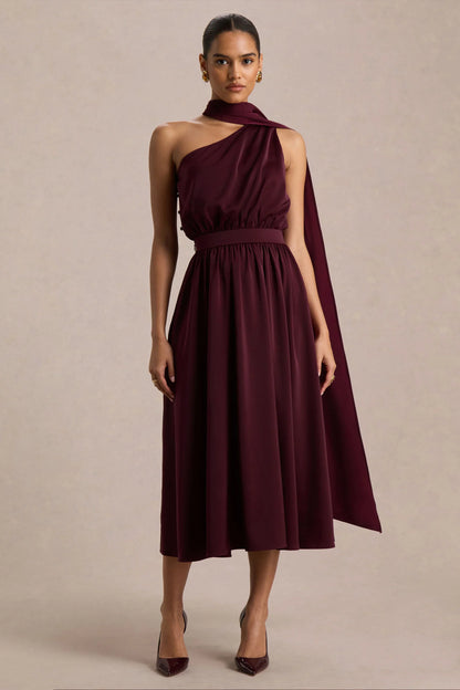 Caluna Burgundy Satin Asymmetric Neck Midi Dress With Scarf Detail