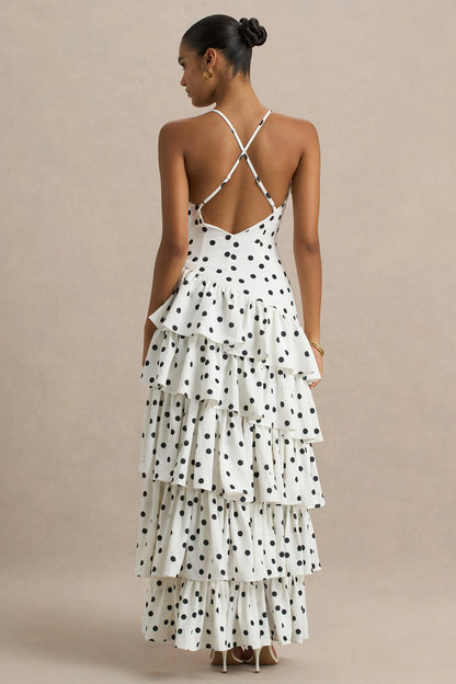 Bogota Polka Dot Plunge Neck Maxi Dress With Ruffling Details And Front High Split