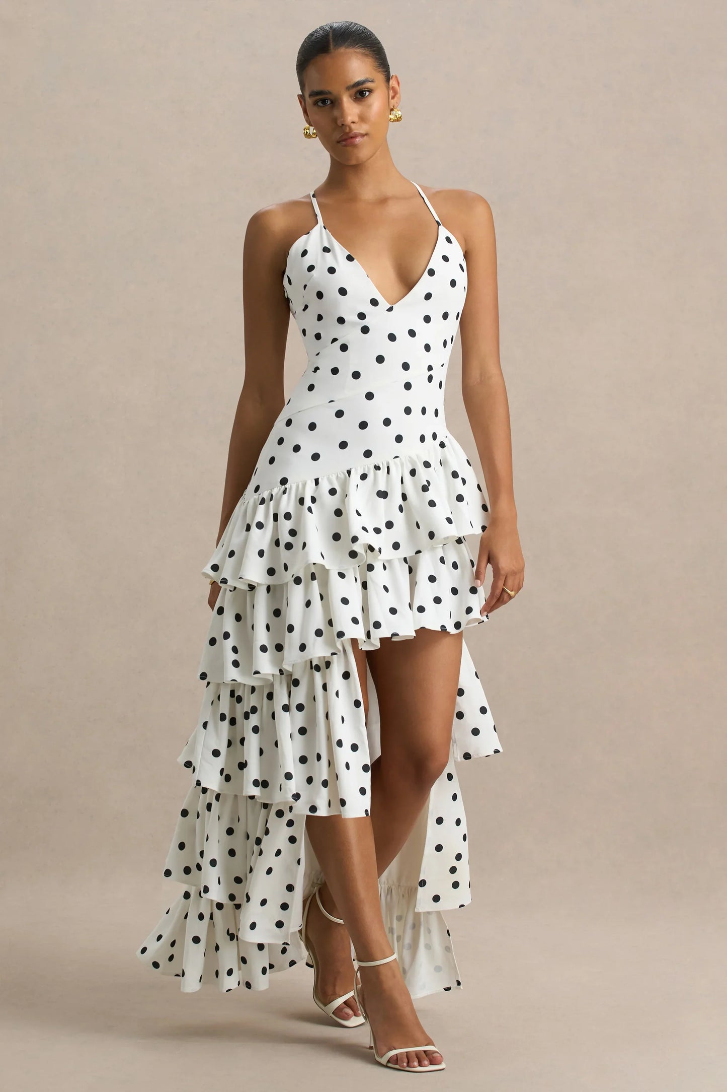Bogota Polka Dot Plunge Neck Maxi Dress With Ruffling Details And Front High Split
