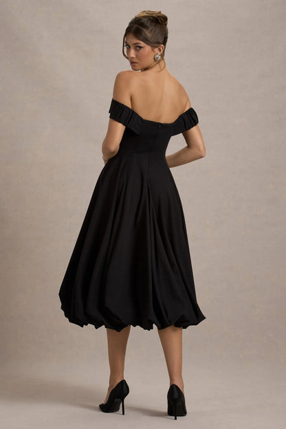 Calliopia Black Bow Bardot Midi Dress With Puff Ball Skirt